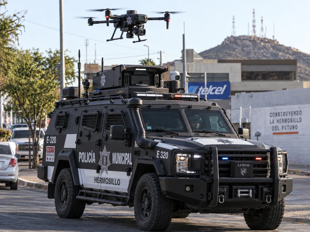 Unidad policial con dron de vigilancia en operación urbana