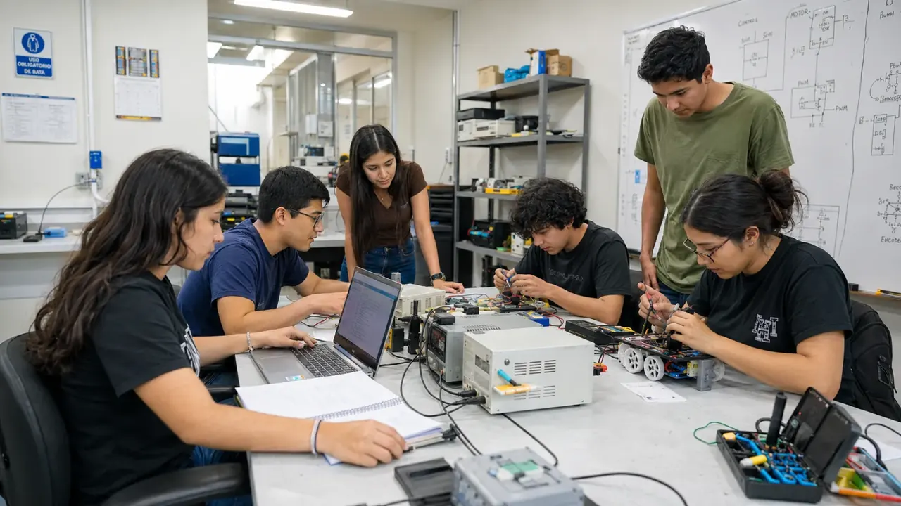 Estudiantes trabajando con robots en el laboratorio